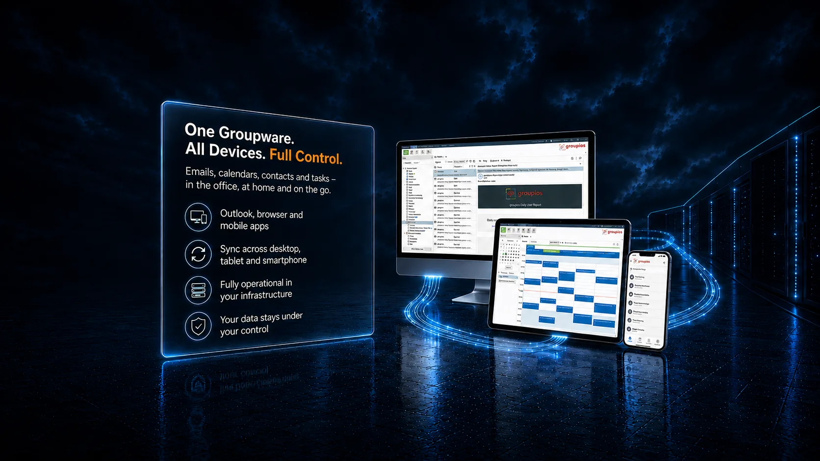 Work where you want. Communicate the way you're used to. Emails, calendar, contacts, and tasks - on every device. The groupios Extended Groupware Appliance (EGA) connects Outlook, web browsers, and mobile devices in one central groupware solution. Your benefits at a glance: Access in the office, at home, and on the go, Outlook, browser, and mobile devices, Emails, calendar, contacts, and tasks, Fully installed on-site, Your data stays under your control. Thanks to integrated support for Microsoft Outlook®, the advanced WebClient, and ActiveSync for smartphones and tablets, every user works with their familiar client. All data is synchronized in real time, securely, centrally, and entirely within your own infrastructure.